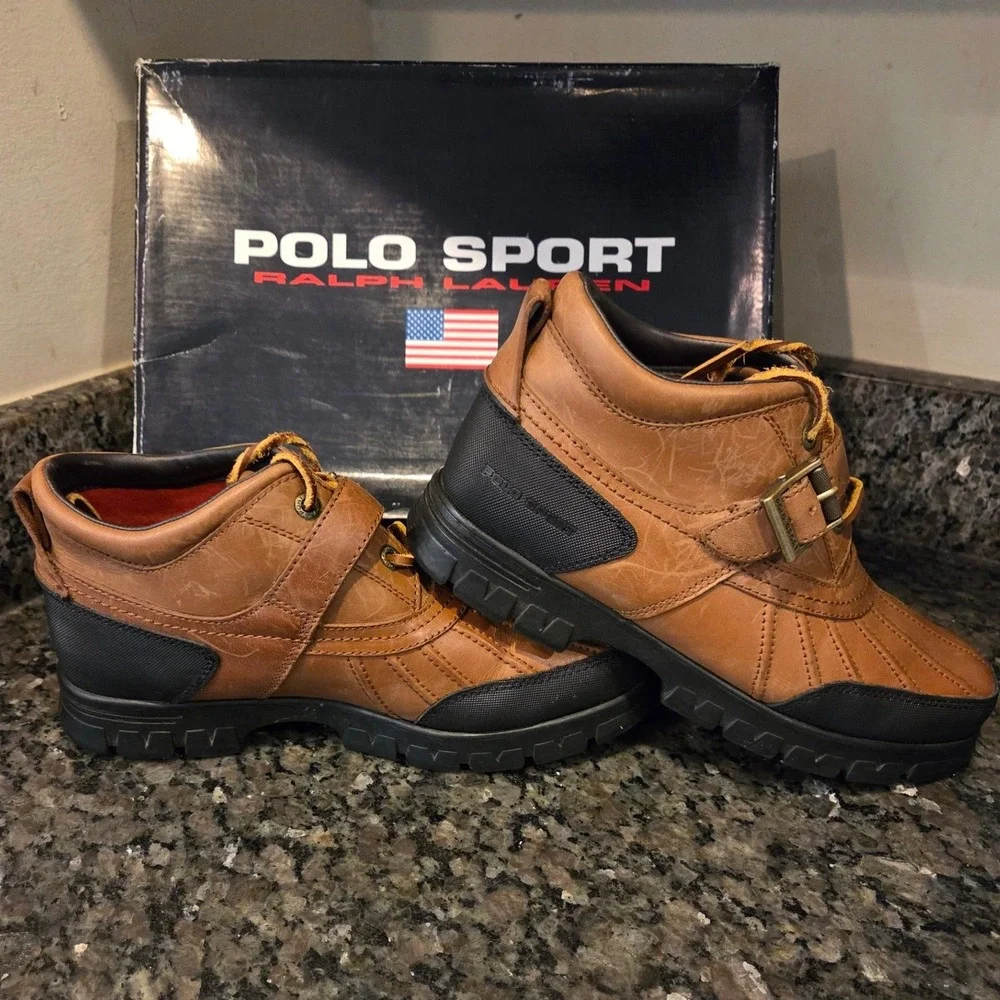 Polo Sport Ralph Lauren Mens Leather Duck Boots Tan Brown Buckle Strap Low Top